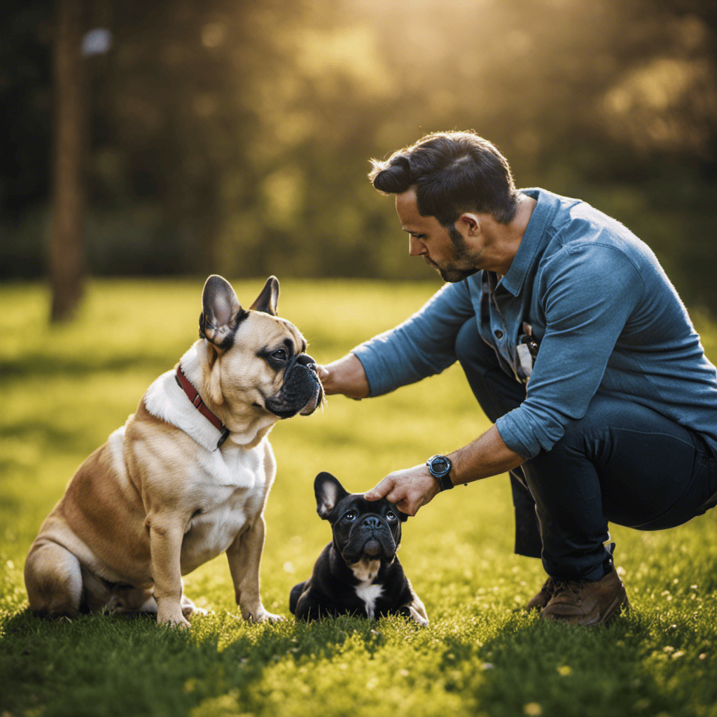 An image showcasing a focused French Bulldog sitting attentively, with its ears perked up, as a trainer rewards it with a treat