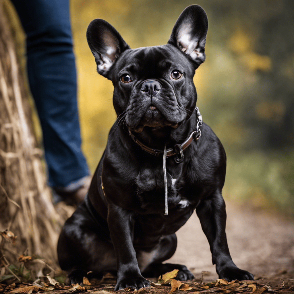 An image showcasing a French Bulldog standing tall with a vigilant expression, positioned protectively in front of their owner