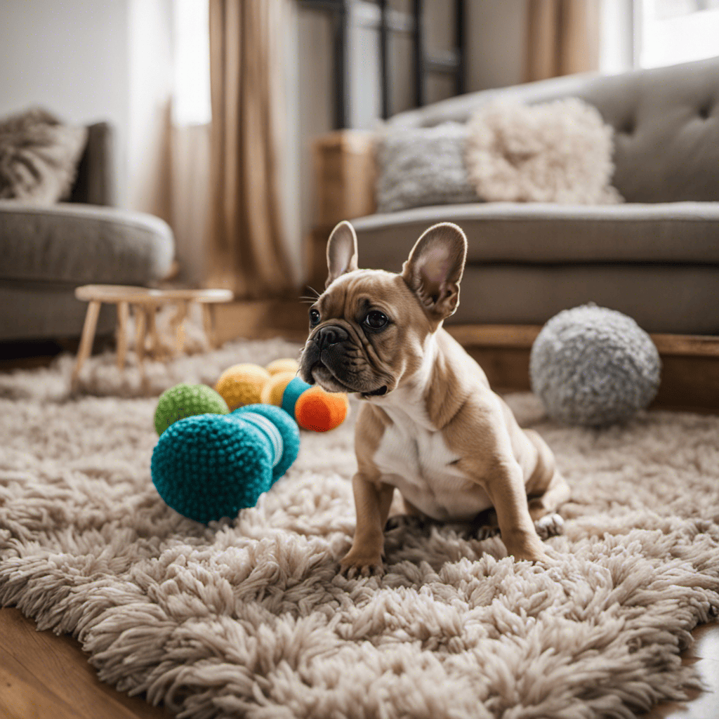 An image capturing a cozy living room scene: a French Bulldog puppy playing with chew toys on a soft, foam-padded rug, surrounded by baby gates securing the stairway and electrical outlets