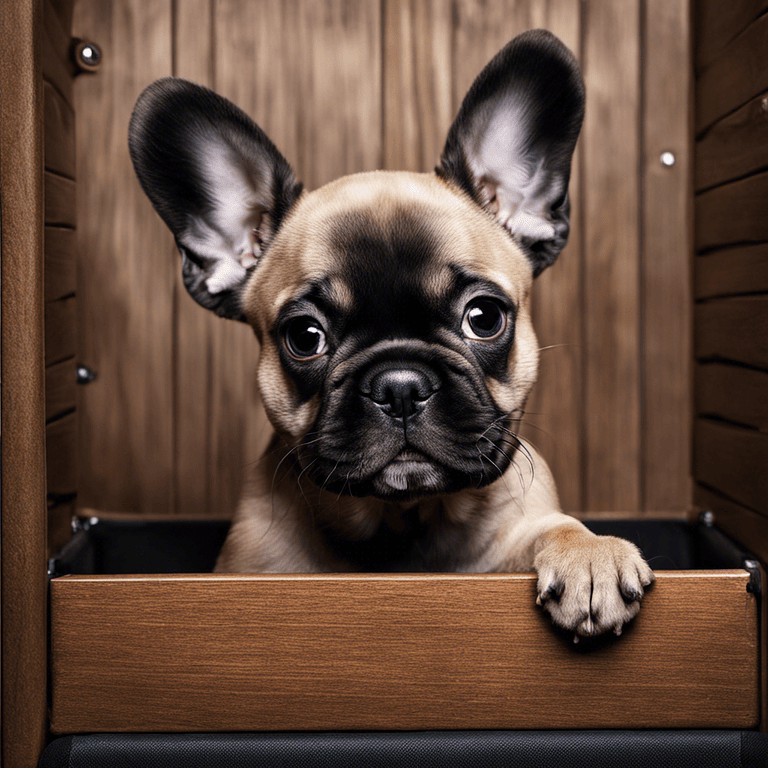 French bulldog puppy explores baby-proofed room, showcasing playful curiosity and safety measures.