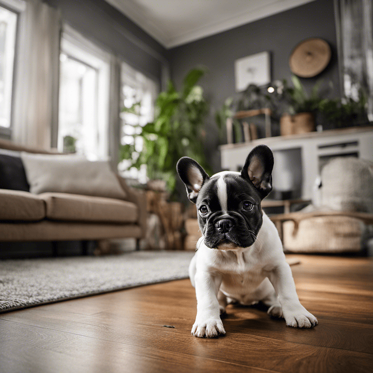 French bulldog puppy explores baby-proofed room, showcasing playful curiosity and safety measures.