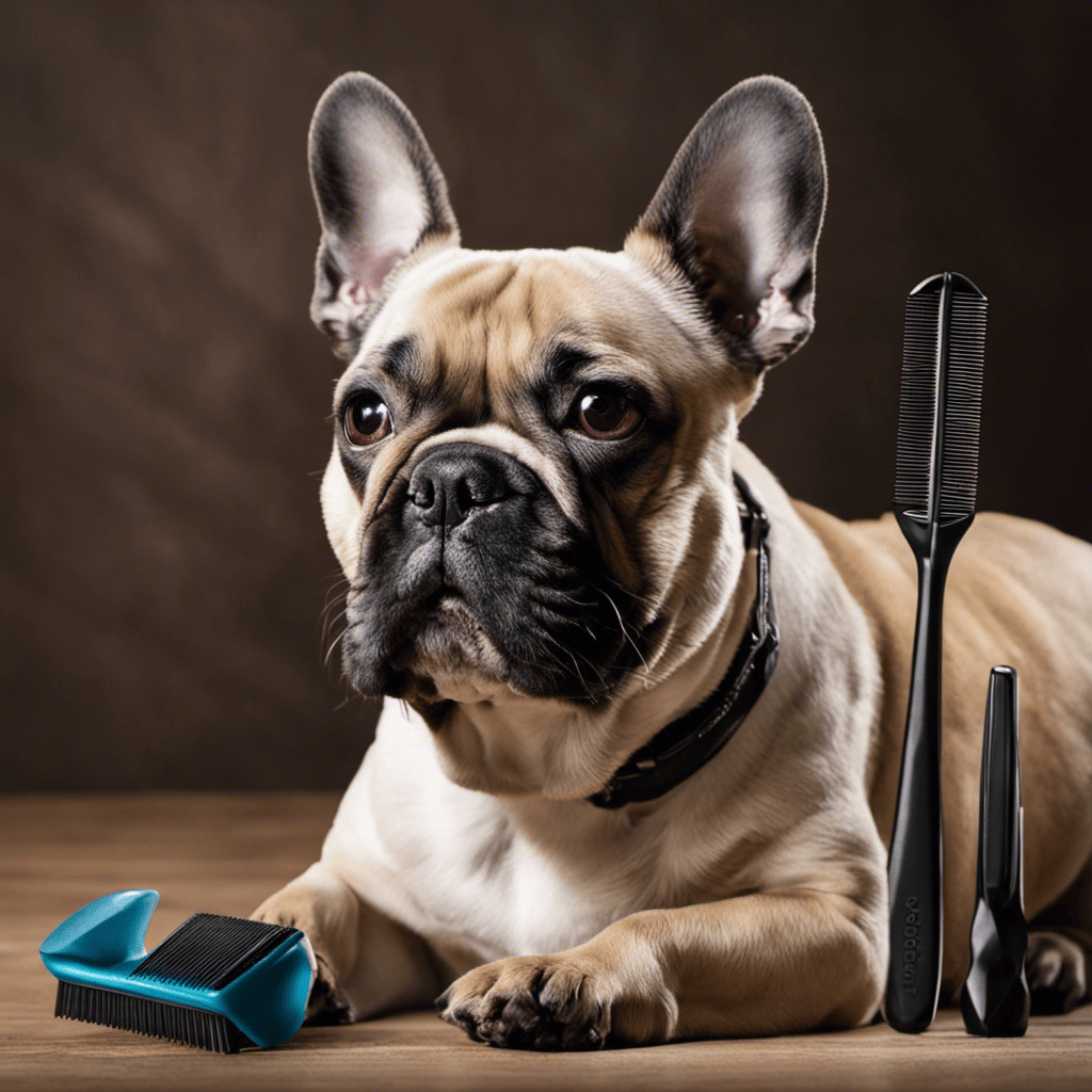 An image showcasing a French Bulldog next to a variety of deshedding tools, such as slicker brushes, shedding blades, and rubber grooming gloves, highlighting their effectiveness in controlling shedding for short-coated breeds