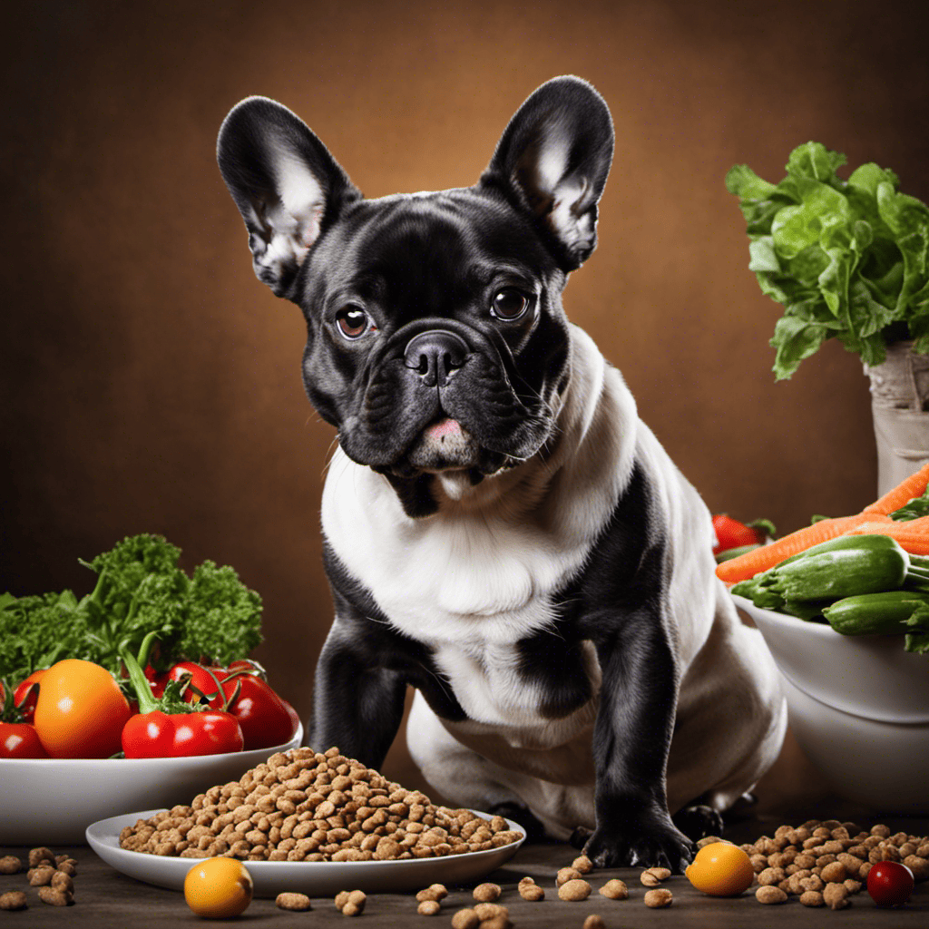 An image showcasing a content French Bulldog happily devouring a bowl of premium-quality dog food, adorned with nutritious ingredients like lean proteins, fresh vegetables, and superfoods, highlighting the best choices for their health and happiness