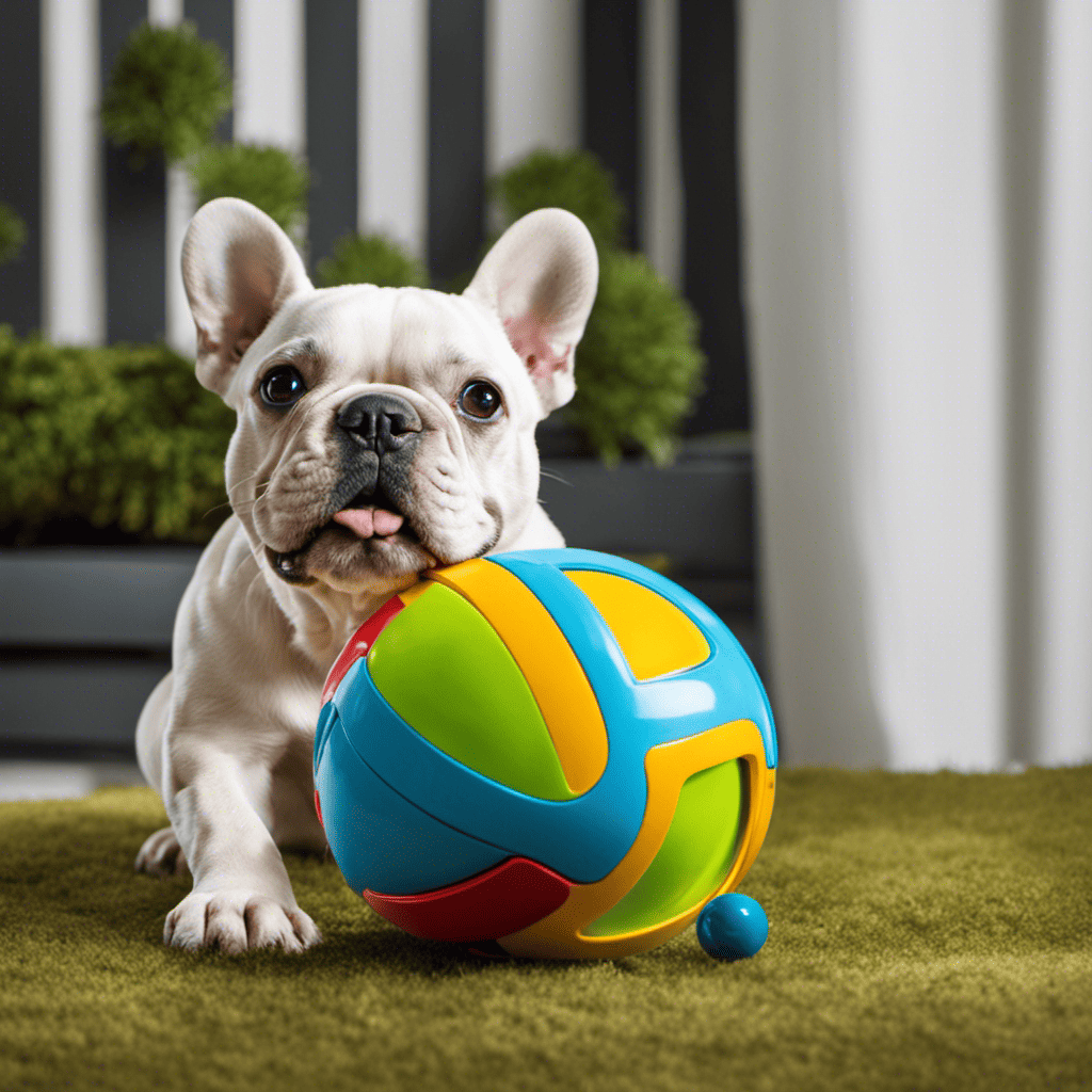 An image showcasing a playful French Bulldog engaged with an interactive ball toy designed for mental stimulation and fun