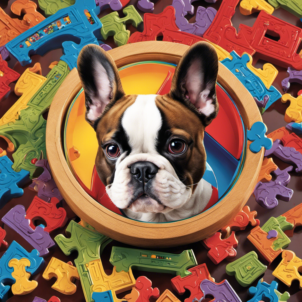 An image showcasing a French Bulldog engrossed in an interactive puzzle toy, solving a complex maze or unlocking hidden compartments, with vibrant colors and intricate design, emphasizing mental stimulation and endless fun