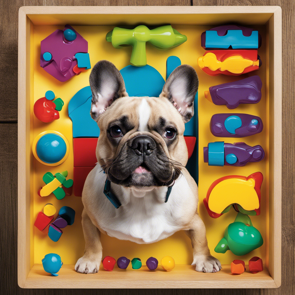 An image showcasing a playful French Bulldog enthusiastically engaged with a puzzle toy, eagerly solving it with their paws and snout