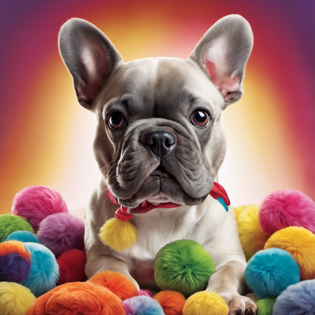 An image showcasing a contented French Bulldog, engrossed in play with a vibrant, squeaky plush toy