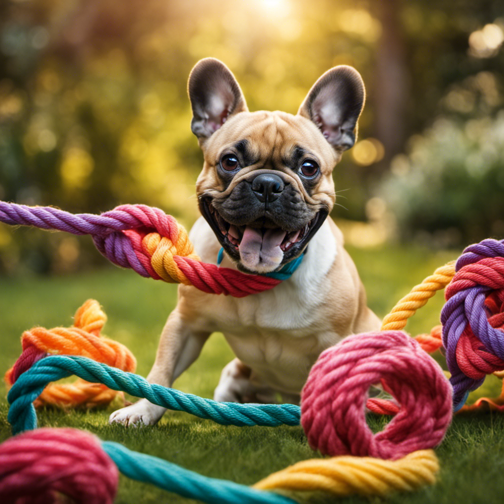  an image showcasing a playful French Bulldog engrossed in a vibrant game of tug of war, tugging on a resilient, brightly colored rope toy amidst a backdrop of a lush, sunlit park