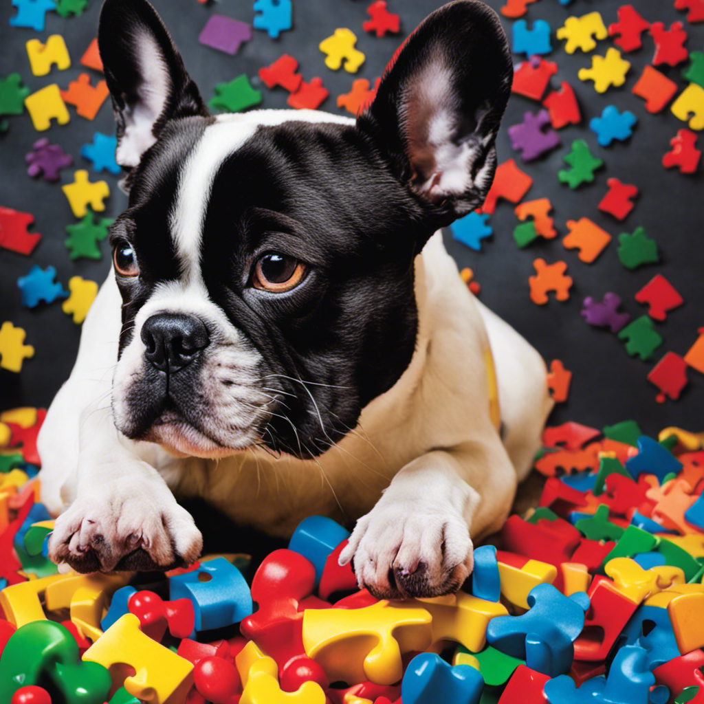 An image capturing a French Bulldog immersed in problem-solving with a brain teaser toy