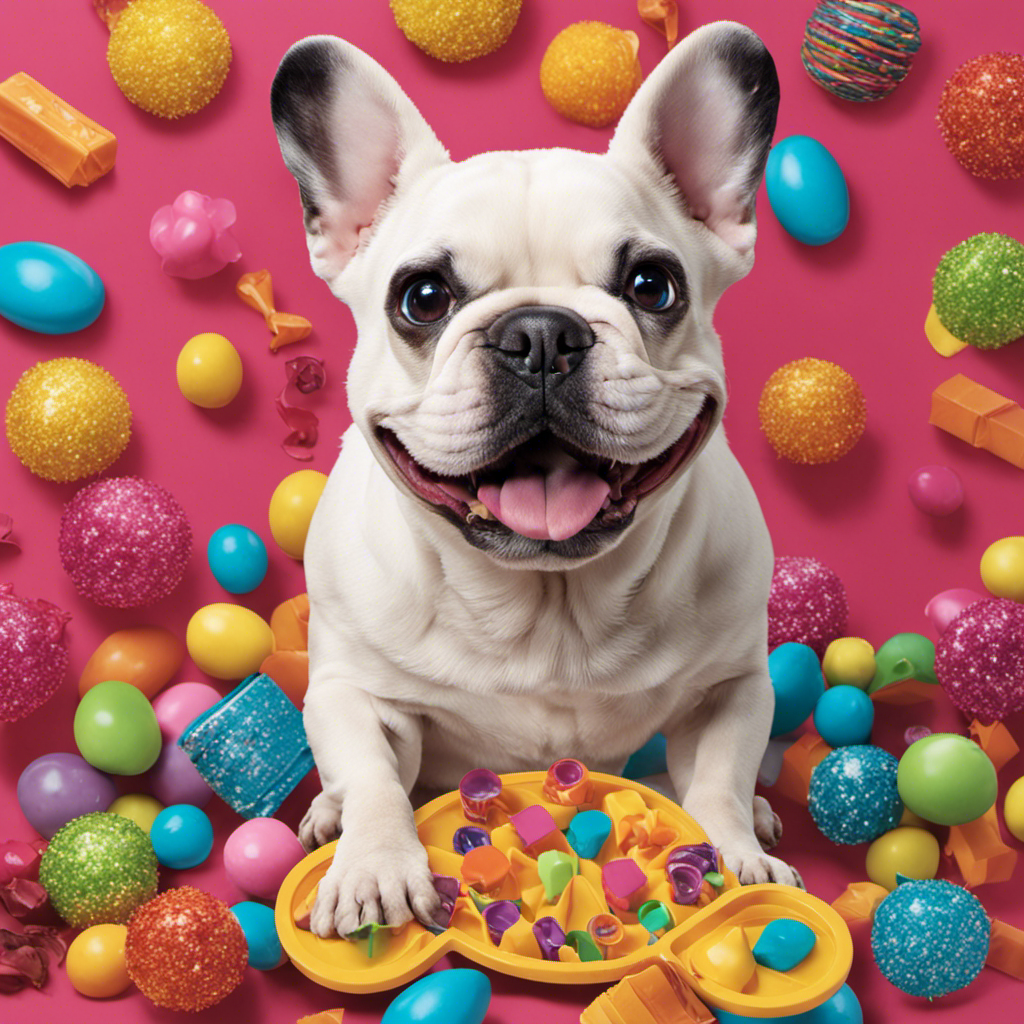 An image showcasing an adorable French Bulldog happily engaged with a treat-dispensing toy, captivated by the interactive challenge it presents