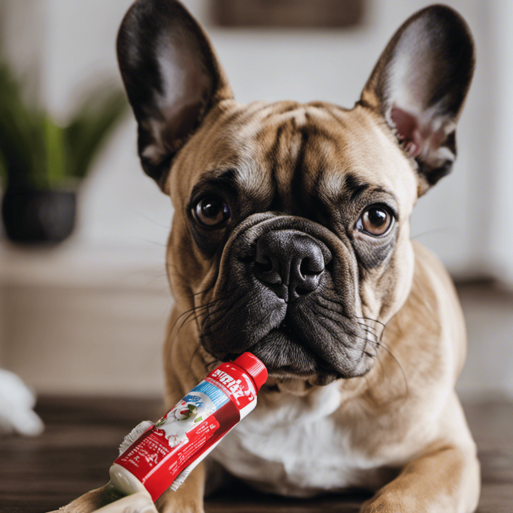 An image featuring a close-up of a French Bulldog's mouth, showcasing a toothbrush with soft bristles, specifically designed for small breeds
