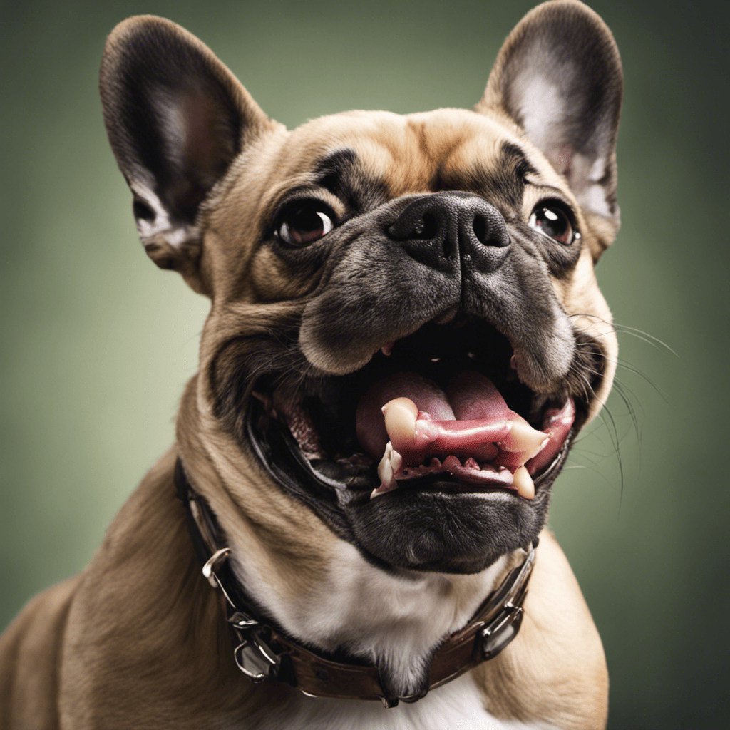 An image showcasing a close-up of a French Bulldog's mouth, emphasizing the visible signs of dental issues like tartar buildup, inflamed gums, and bad breath