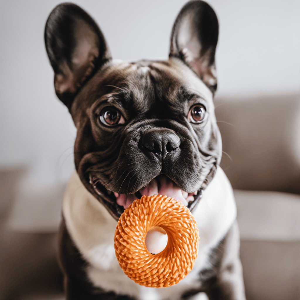 An image showcasing a French Bulldog happily chewing on a specially designed dental chew toy, featuring ridged textures and an ergonomic shape, promoting safe and effective dental care