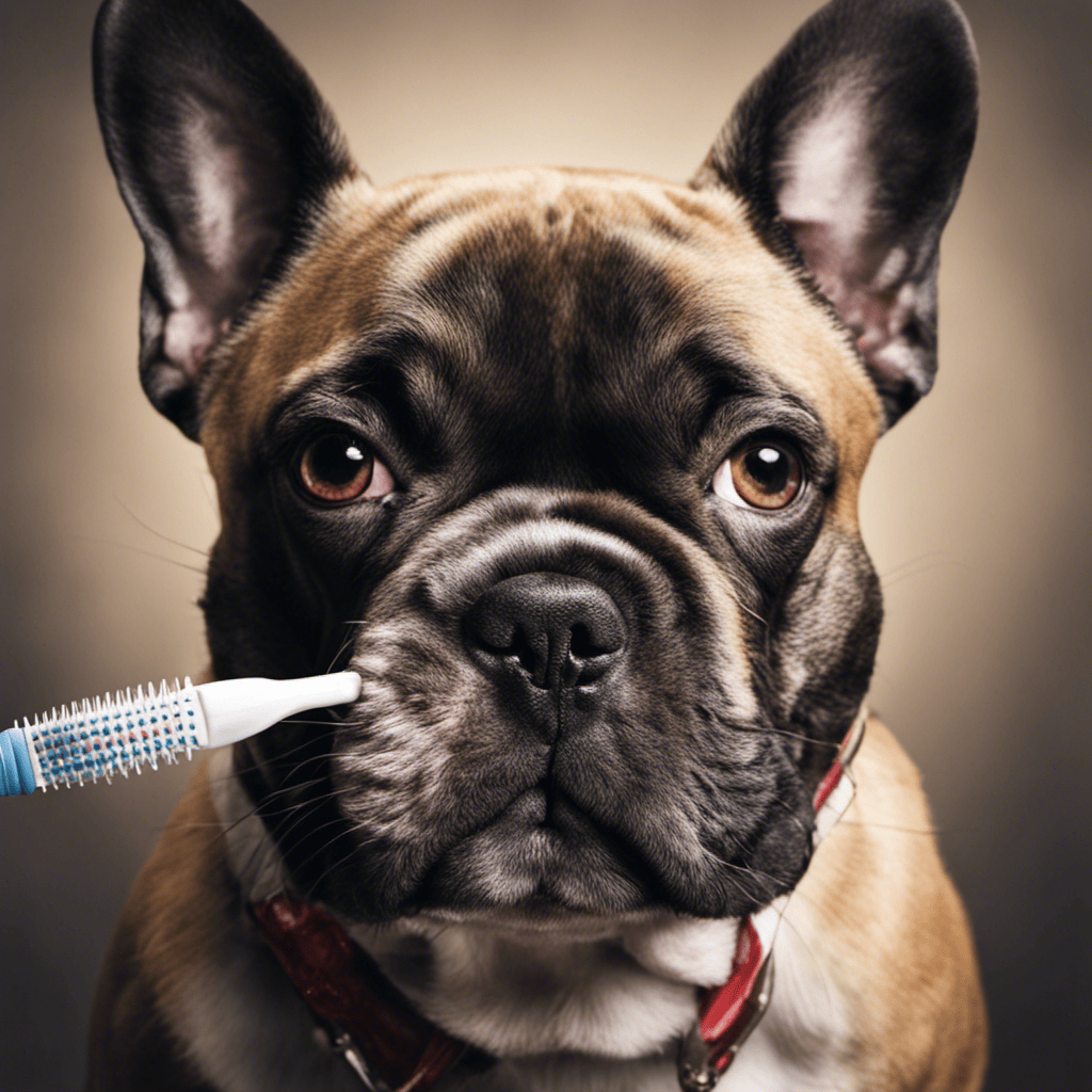 An image featuring a close-up of a French Bulldog's mouth with a toothbrush in hand, showcasing the step-by-step process of brushing a French Bulldog's teeth