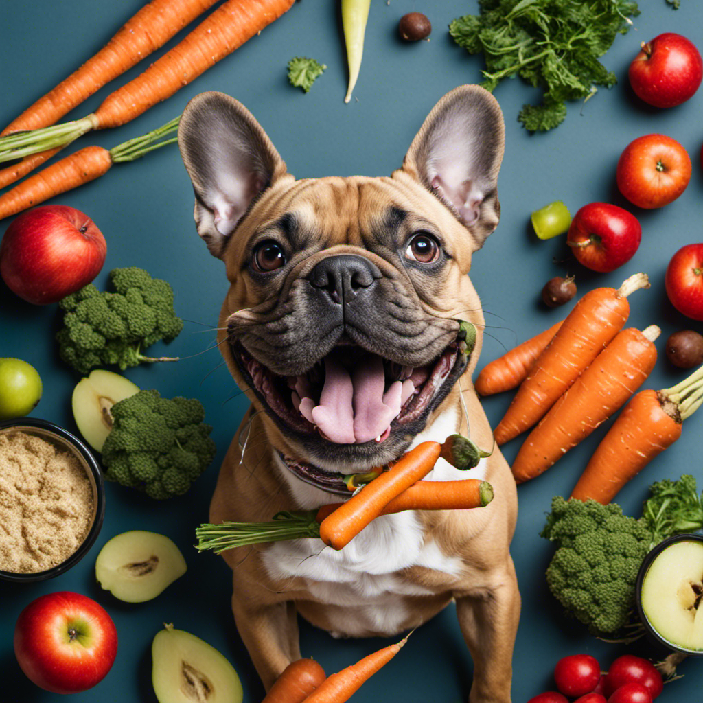 An image showcasing a French Bulldog happily chewing on a dental-friendly treat, surrounded by a variety of nutrient-rich foods like carrots, apples, and dog-friendly chew toys, emphasizing the importance of diet in preventing dental issues