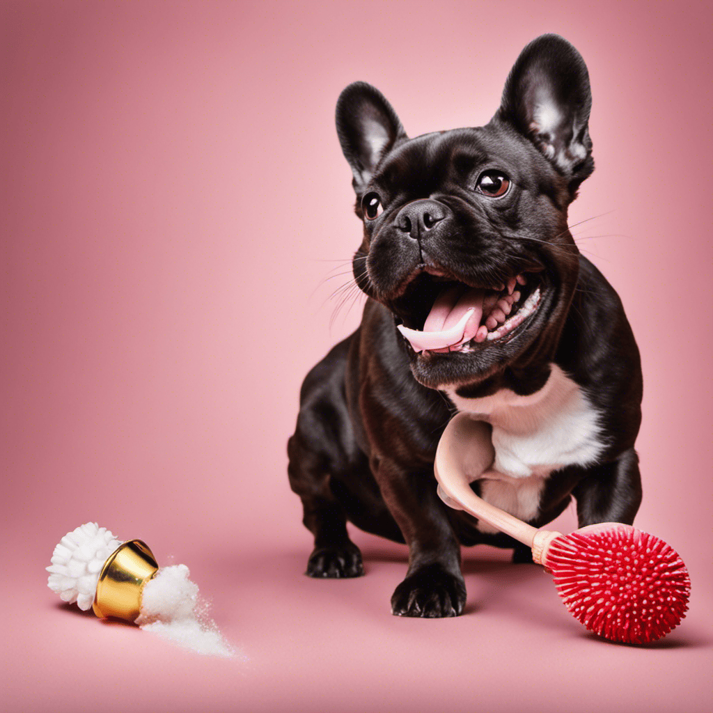 An image of a content French Bulldog happily chewing on a dental chew toy, surrounded by sparkling white teeth and a fresh breath, showcasing the crucial role of dental care in maintaining their oral health
