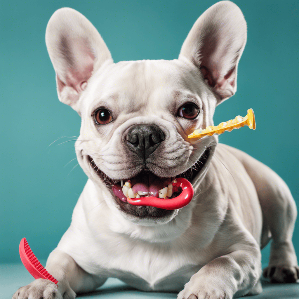 An image showcasing a French Bulldog happily chewing on a dental chew toy, with its bright white teeth on display