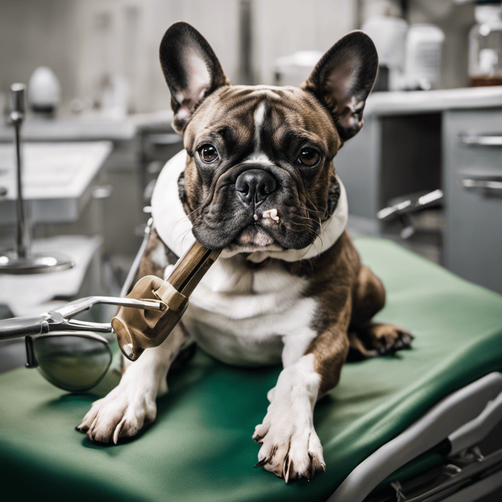 An image showcasing a French Bulldog comfortably lying on a vet's examination table, with a skilled veterinarian gently examining and cleaning its teeth using professional dental tools and equipment, ensuring optimal dental care
