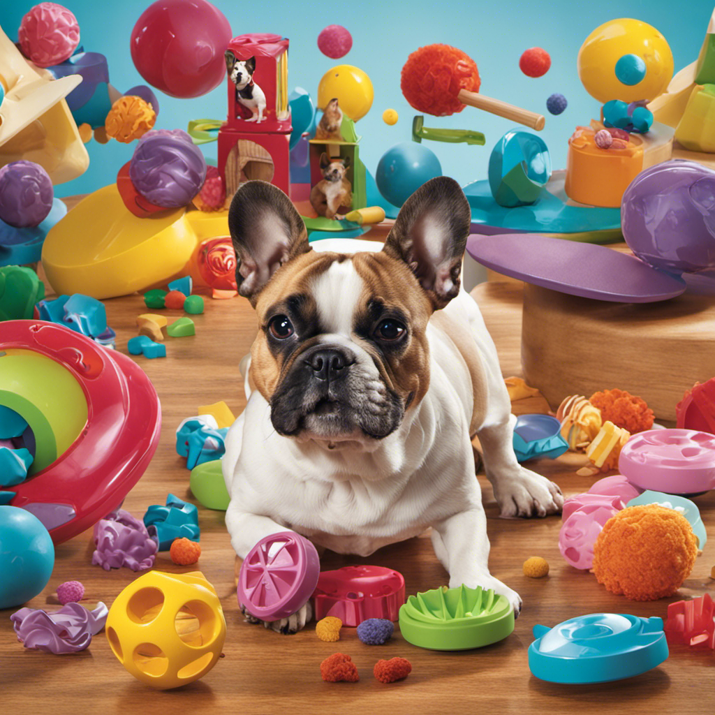 An image featuring a colorful array of interactive treat-dispensing toys, scattered around a content-looking French Bulldog