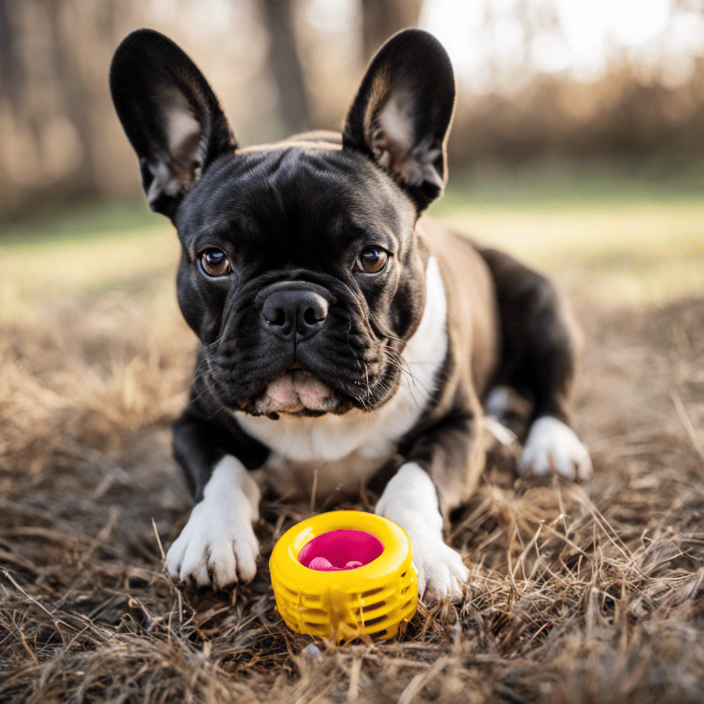 An image that showcases a French Bulldog happily gnawing on a sturdy, rubber chew toy, displaying its durable build and resistance to sharp teeth