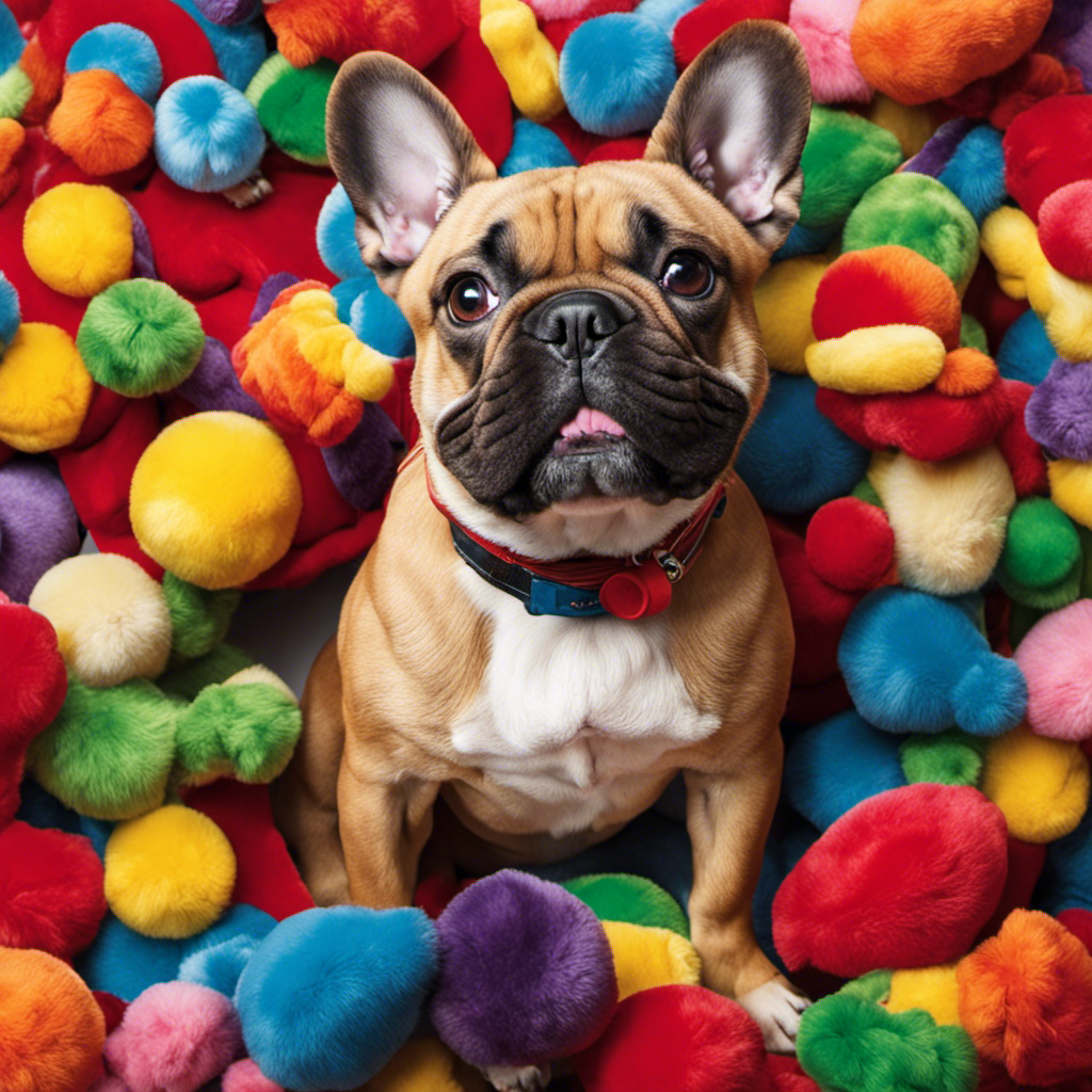 An image showcasing a playful French Bulldog surrounded by a colorful array of squeaky plush toys, showcasing their excitement as they engage with the toys, capturing the joy and entertainment these toys bring