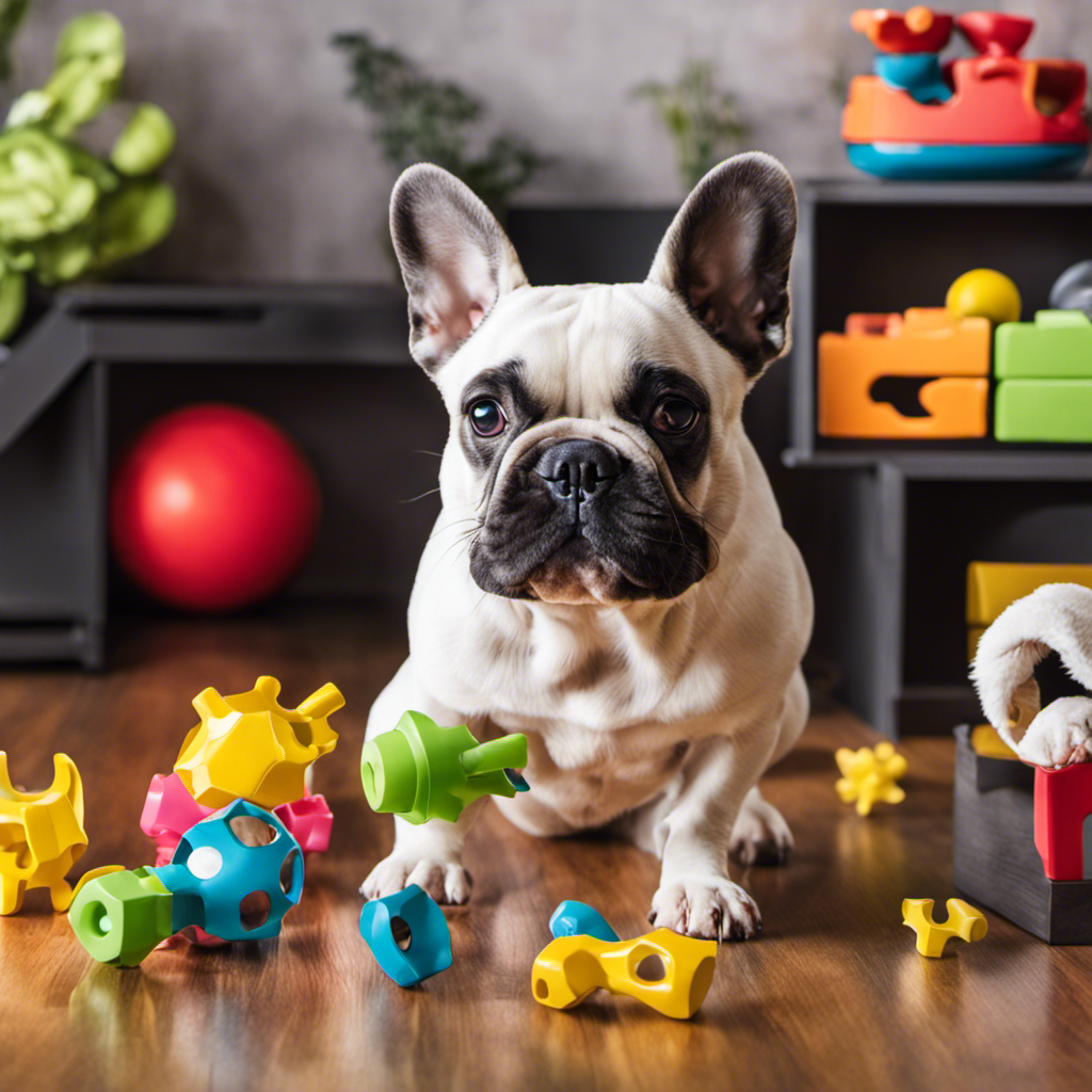 An image showcasing a vibrant assortment of interactive puzzle toys for French Bulldogs; a cheeky Frenchie curiously sniffs one, while others scatter in the background, hinting at endless entertainment possibilities