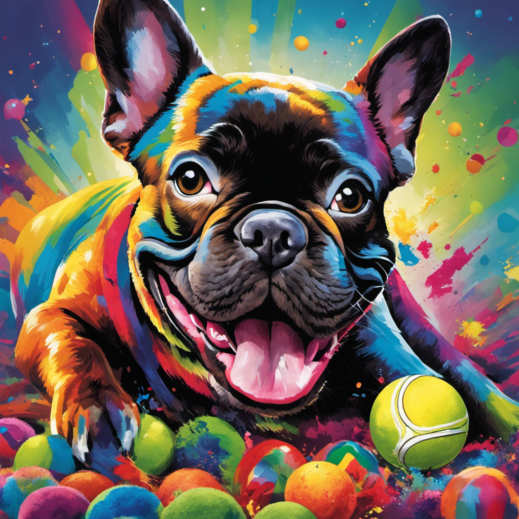 An image showcasing an adorable French Bulldog joyfully playing with a vibrant, durable tennis ball in its mouth, surrounded by an array of colorful, interactive tug toys, capturing the essence of excitement and entertainment