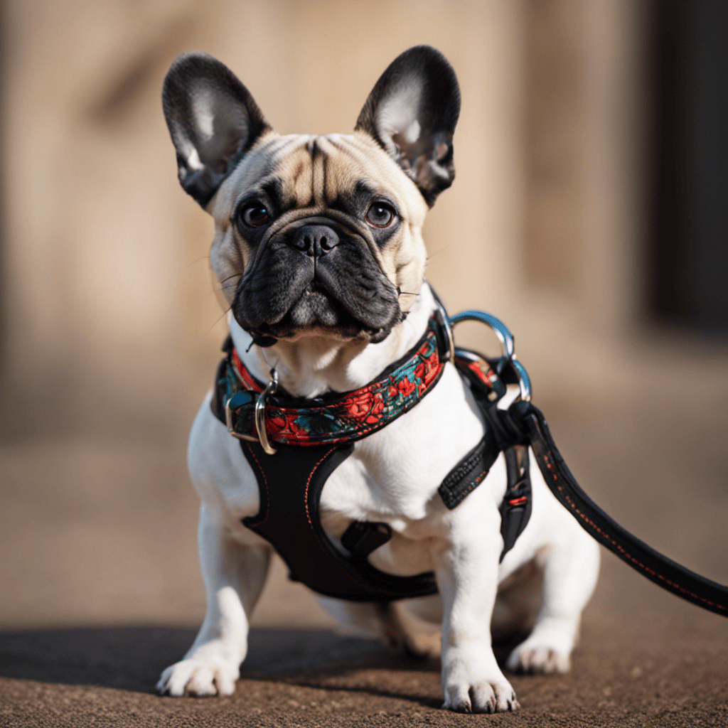 An image showcasing a stylish French Bulldog wearing a vibrant collar, a sturdy leash with comfortable padding, and a sleek, adjustable harness designed to fit their unique physique