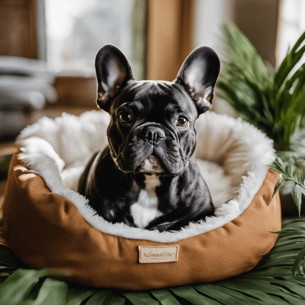 An image of a serene French Bulldog resting on a hypoallergenic dog bed, surrounded by soothing greenery