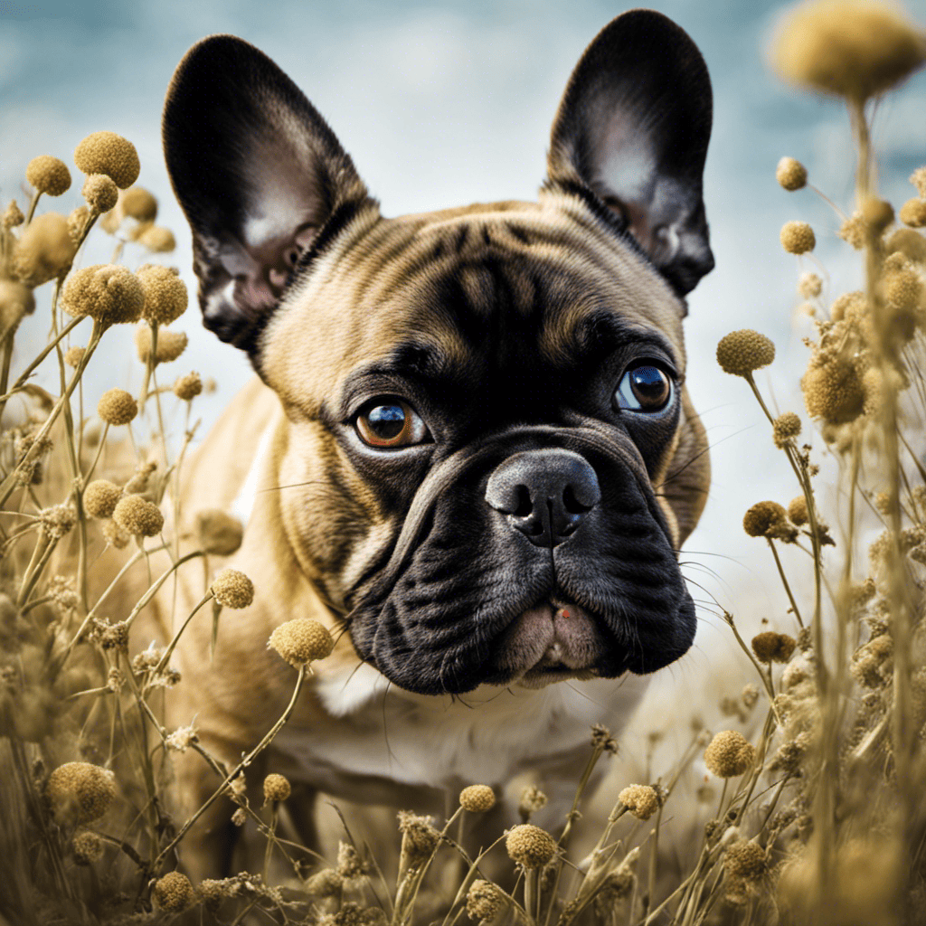 An image depicting a French Bulldog surrounded by potential allergy triggers, such as pollen, dust mites, and certain foods