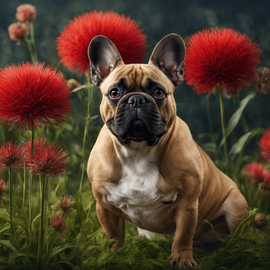 An image showcasing a French Bulldog with a red, itchy rash on its belly, surrounded by common allergens like pollen, dust mites, and grass