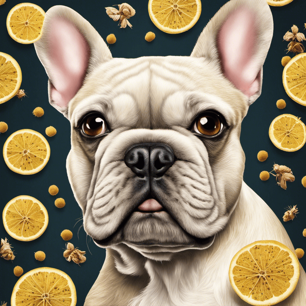An image depicting a French Bulldog surrounded by various allergens such as pollen, dust mites, and food, highlighting the different types of allergies they may suffer from