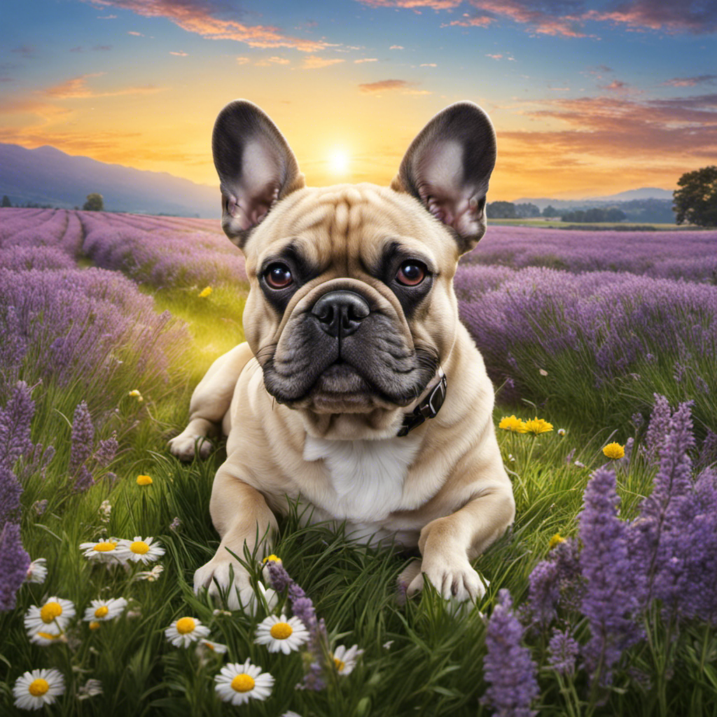 An image showcasing a serene French Bulldog lounging on a grassy field, surrounded by blooming chamomile flowers and lavender plants, evoking a calming and natural environment for alleviating French Bulldog allergy symptoms