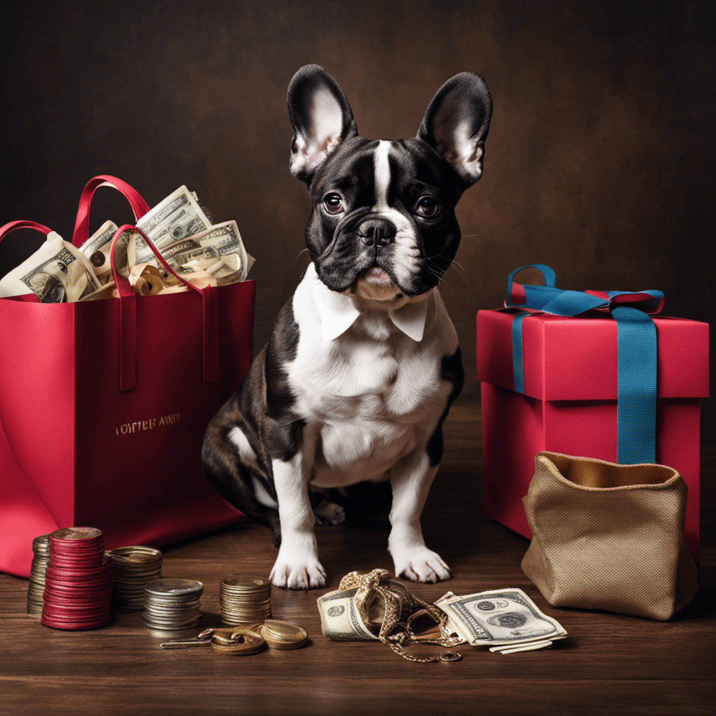 An image showcasing the financial aspects of owning a French Bulldog: depict a shopping bag filled with dog supplies (leash, toys, food), a receipt with vet bills, and a price tag on a French Bulldog figurine