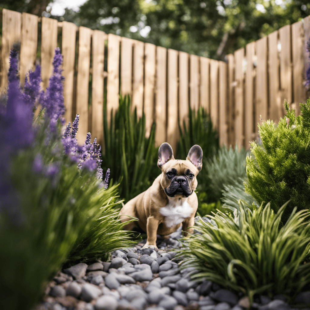 An image showcasing a lush backyard with a French Bulldog happily exploring amidst safe, dog-friendly plants like lavender, rosemary, and pet-friendly grass