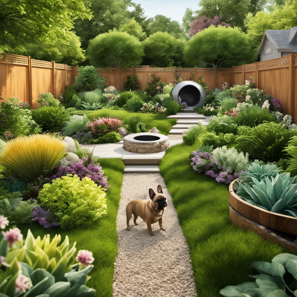 An image of a vibrant, meticulously landscaped backyard featuring a French Bulldog-friendly play area