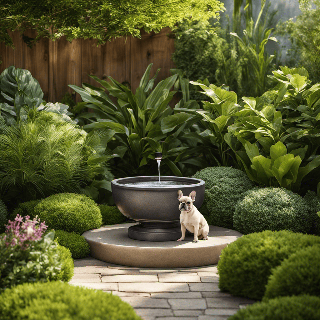 An image showcasing a shaded area in a backyard with a French Bulldog drinking from a clean and spacious water bowl