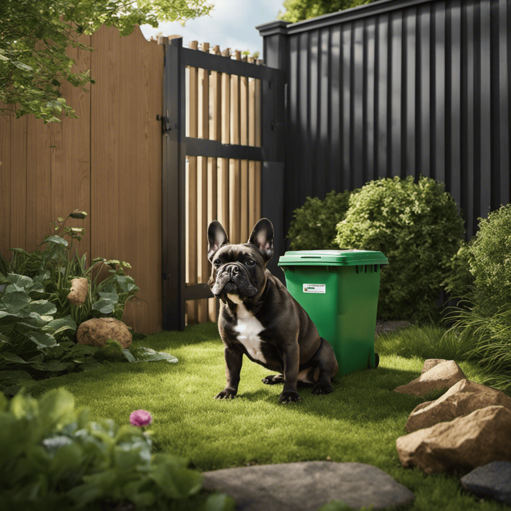 An image showing a French Bulldog playing in a fenced backyard with a designated area for waste disposal, featuring a sturdy waste bin with a secure lid and a composting system nearby