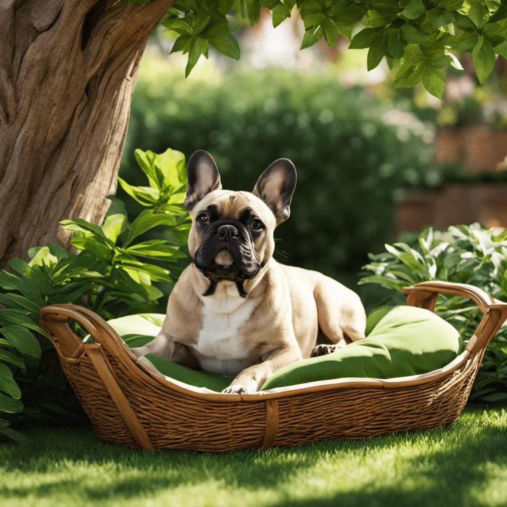 An image showcasing a French Bulldog lounging comfortably under a large, leafy tree, with a cozy dog bed placed on a shaded patio nearby