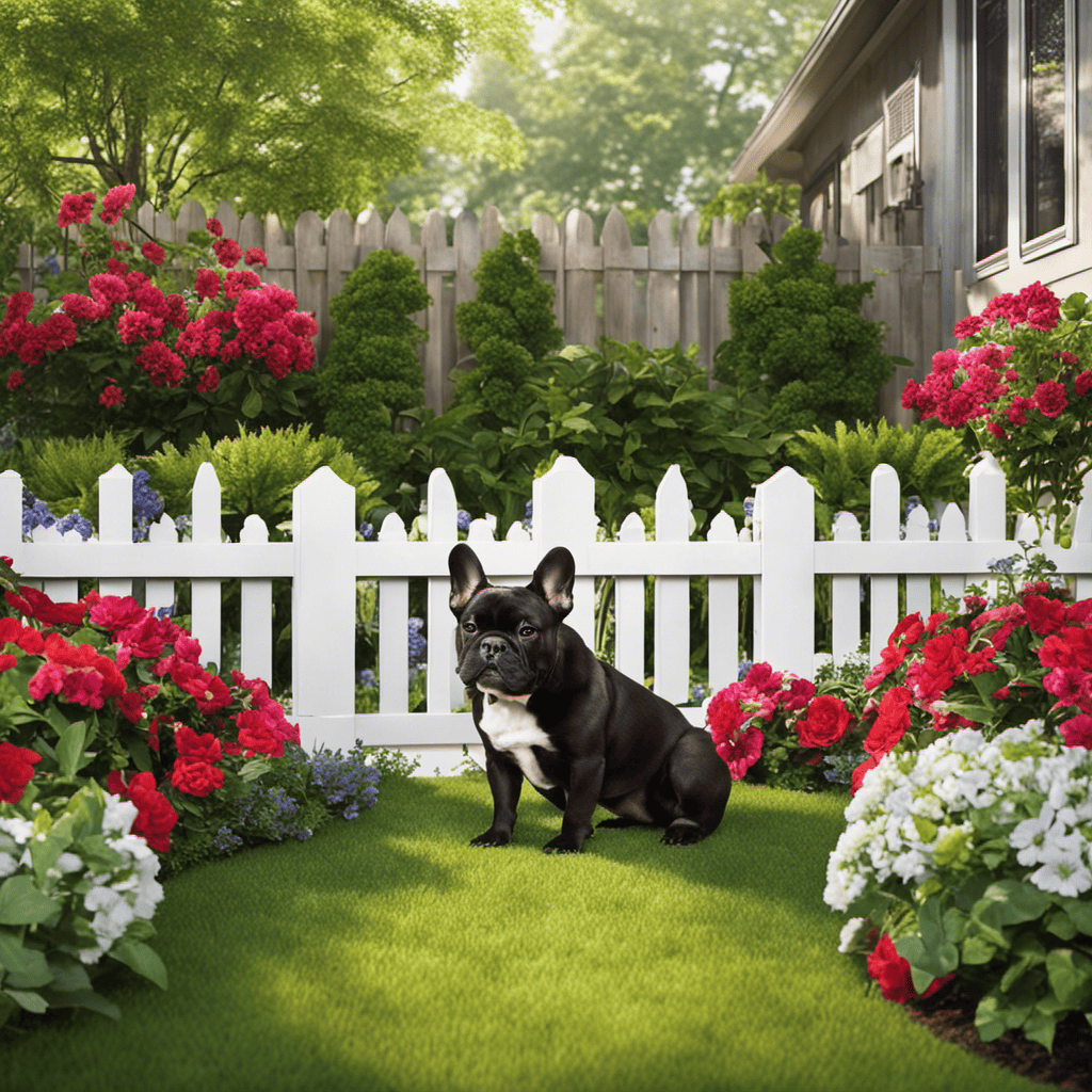 An image showcasing a sturdy, 6-foot-high wooden fence with a French Bulldog playfully peering through a decorative lattice panel