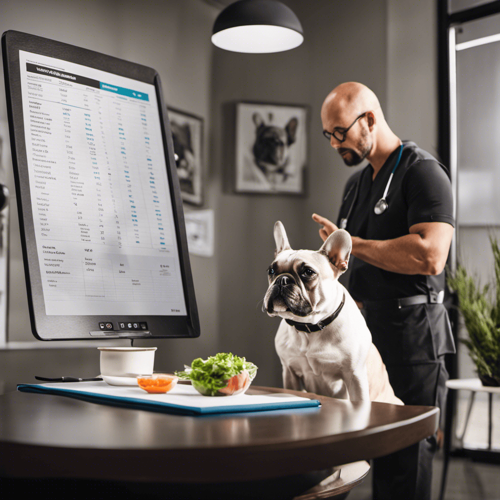 An image showcasing a concerned French Bulldog owner engaged in a conversation with a professional veterinarian