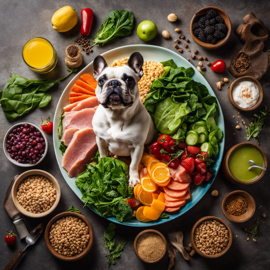 An image showcasing a colorful plate filled with a variety of nutrient-rich foods such as lean meats, fish, leafy greens, and whole grains, highlighting the importance of a balanced diet in managing flatulence in French Bulldogs