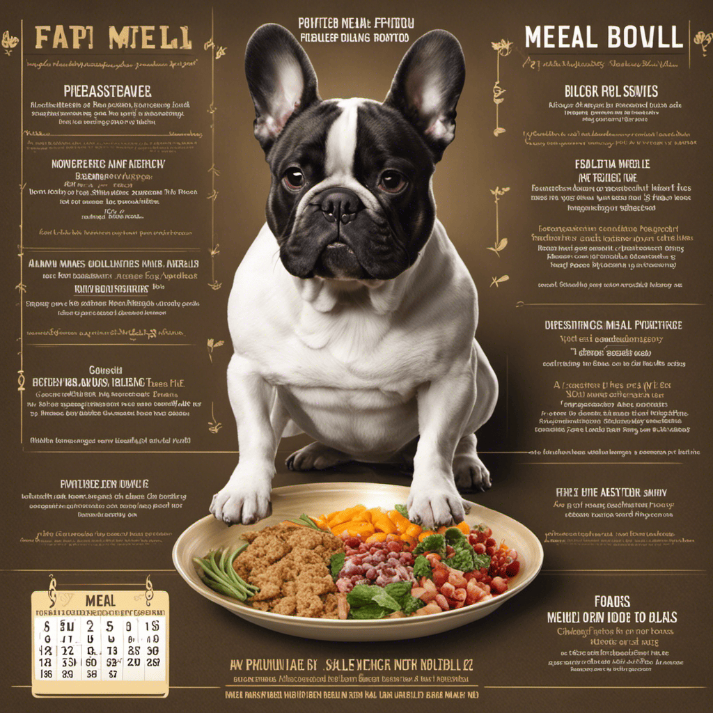 An image showcasing a French Bulldog food bowl with carefully portioned and balanced meals, alongside a calendar highlighting a consistent meal schedule