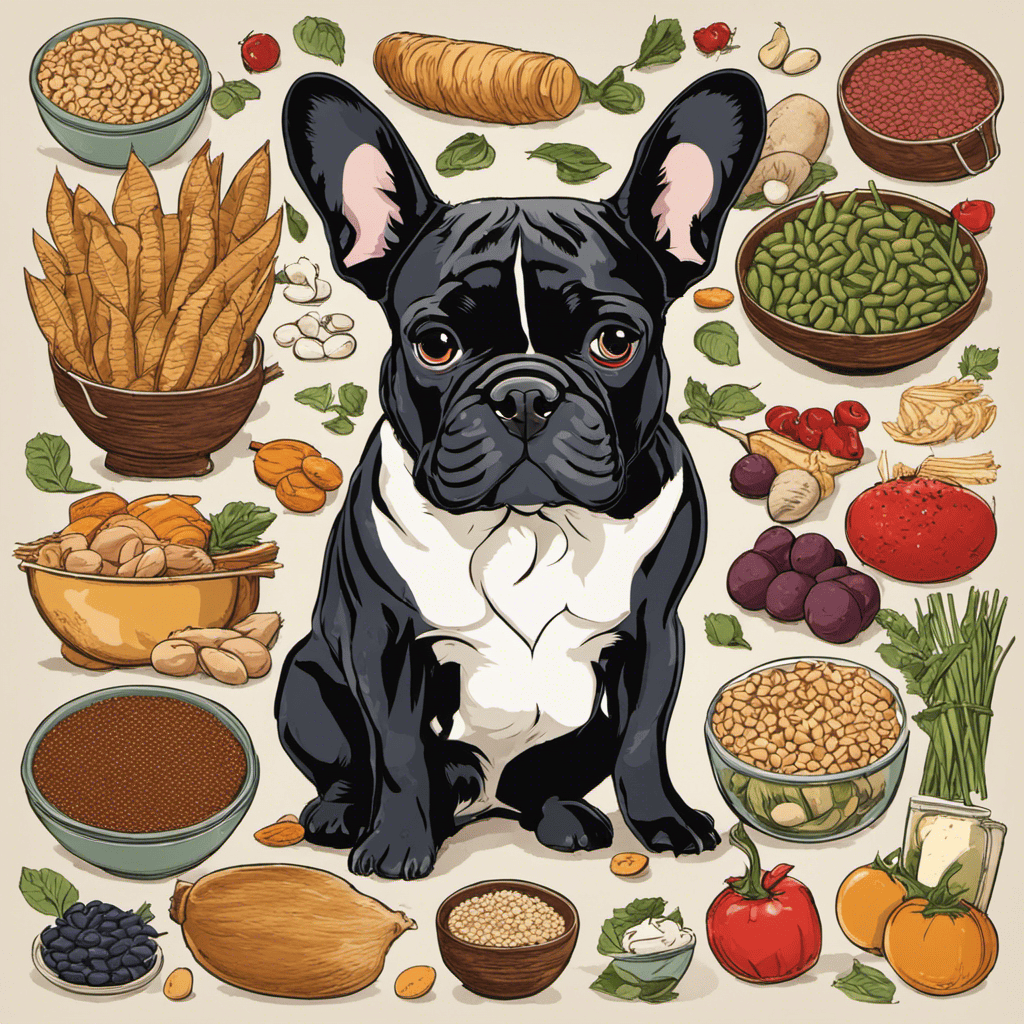 An image showcasing a French Bulldog surrounded by a variety of foods, including beans, dairy, and grains