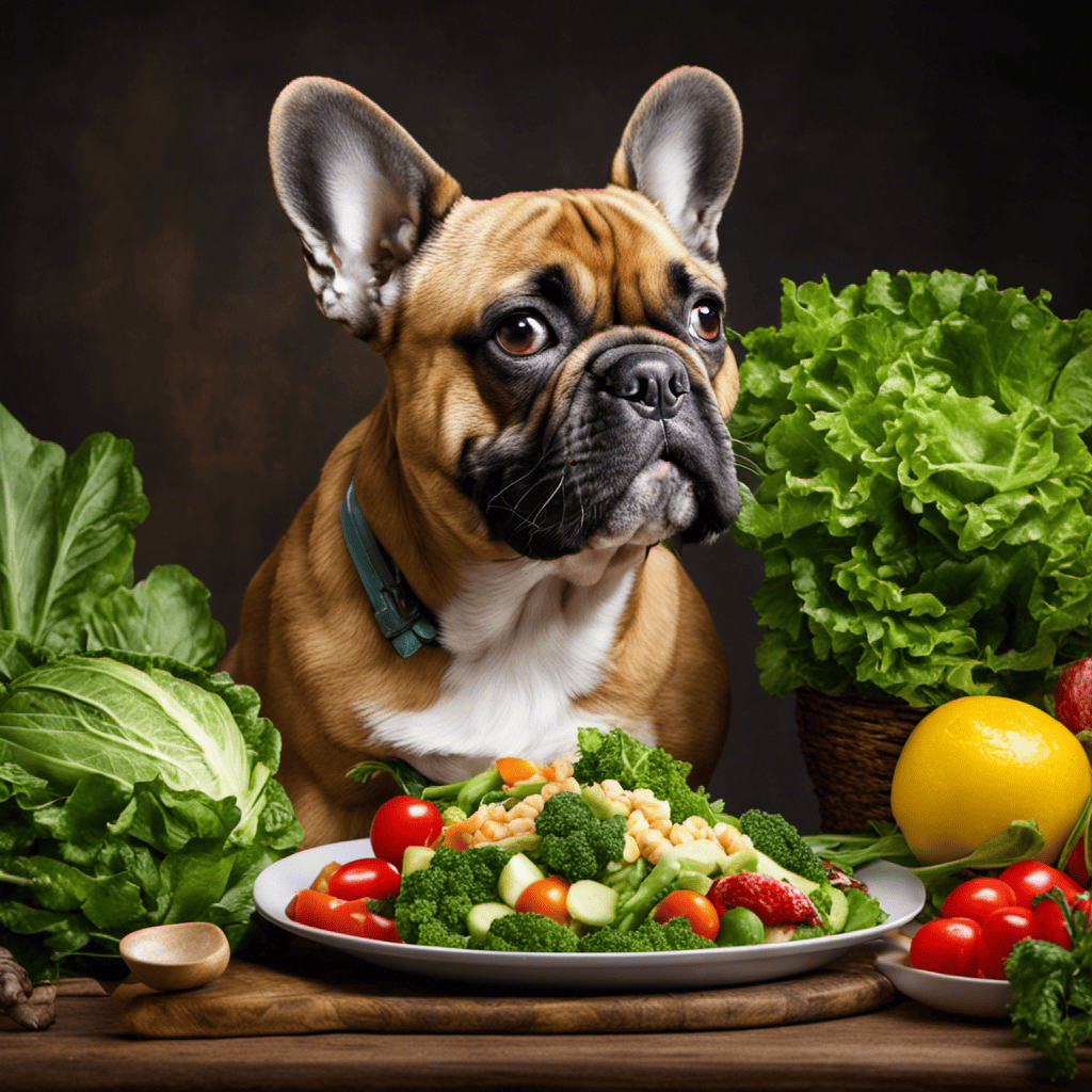 An image showing a French Bulldog enjoying a balanced meal of lean proteins, green leafy vegetables, and probiotic-rich supplements