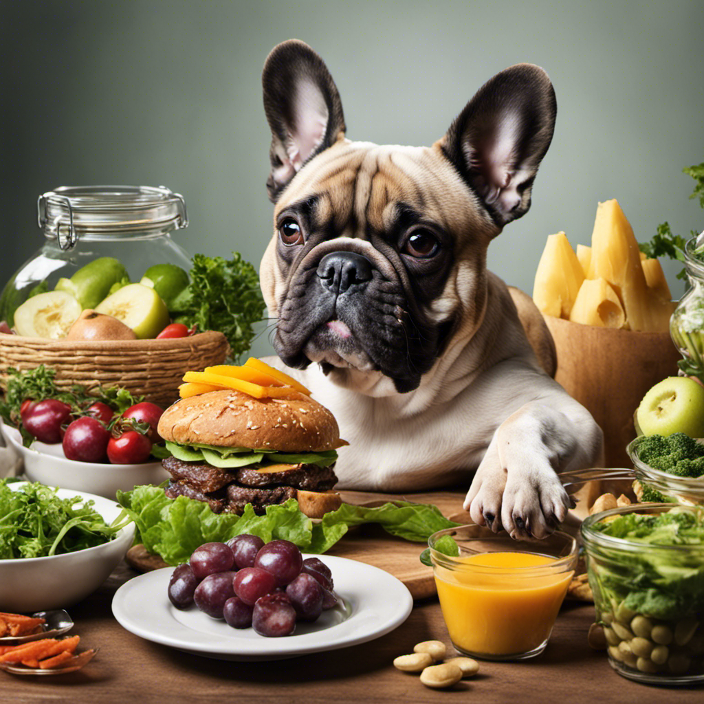 An image showcasing a well-balanced French bulldog diet, featuring a variety of gas-reducing foods like lean proteins, leafy greens, and probiotic supplements