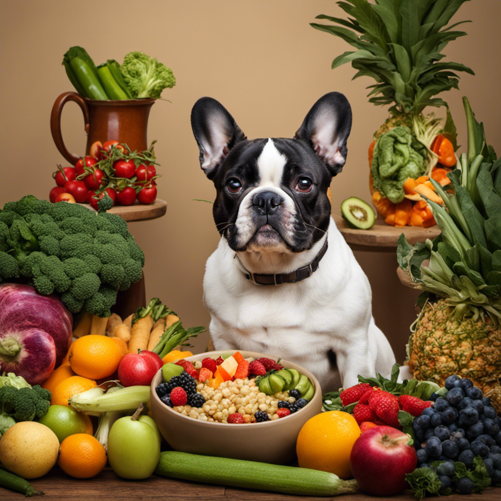 An image showcasing a French Bulldog happily devouring a bowl of probiotic-rich food, surrounded by various colorful fruits and vegetables