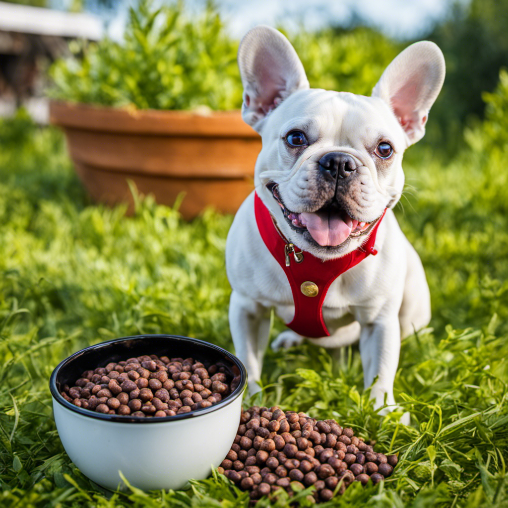 An image showcasing a French Bulldog happily devouring a bowl of kibble supplemented with digestive enzymes