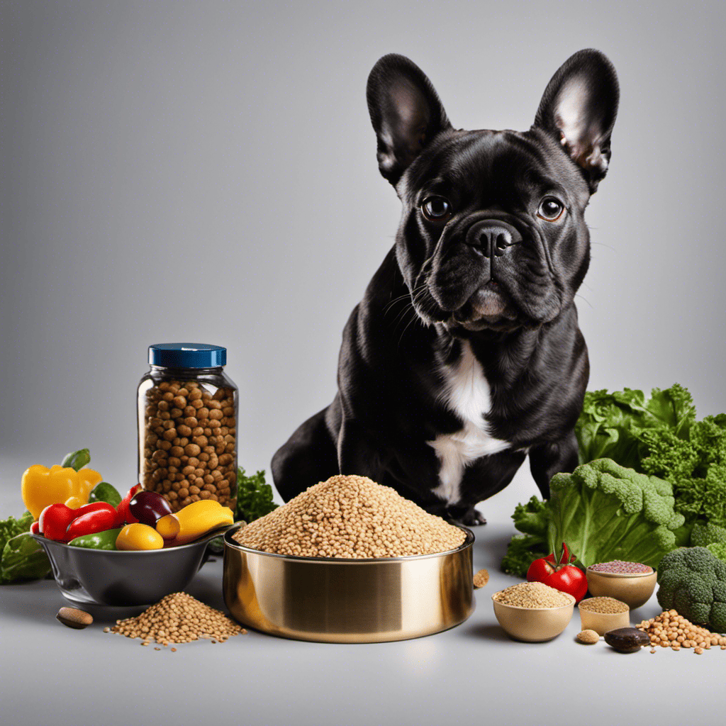 An image showcasing a French Bulldog's food bowl filled with a balanced diet of lean proteins, easily digestible grains, and vegetables, accompanied by a variety of dietary supplements like probiotics and digestive enzymes