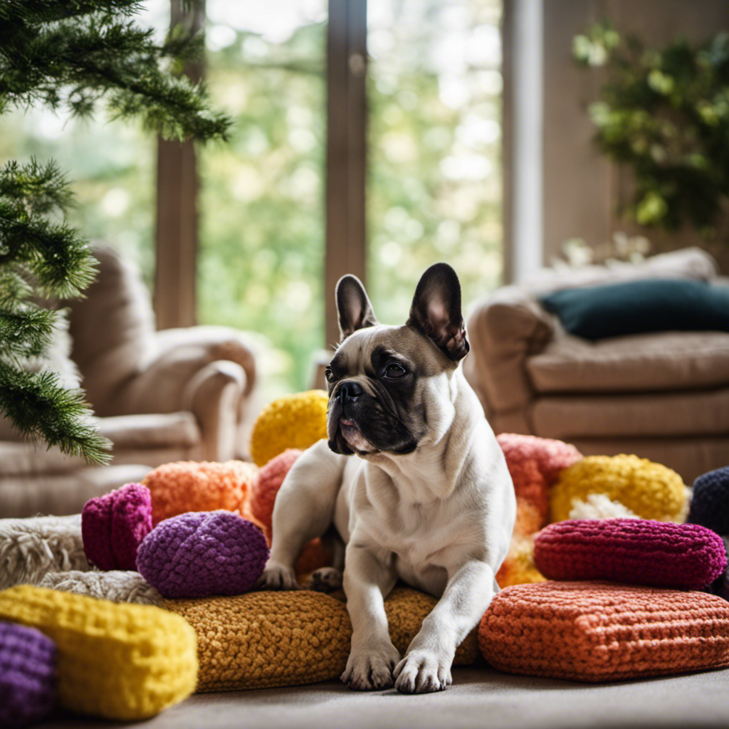 An image showcasing a serene living room with a content French Bulldog lounging peacefully beside a pile of chew toys, while outside the window, a squirrel scampers away undisturbed